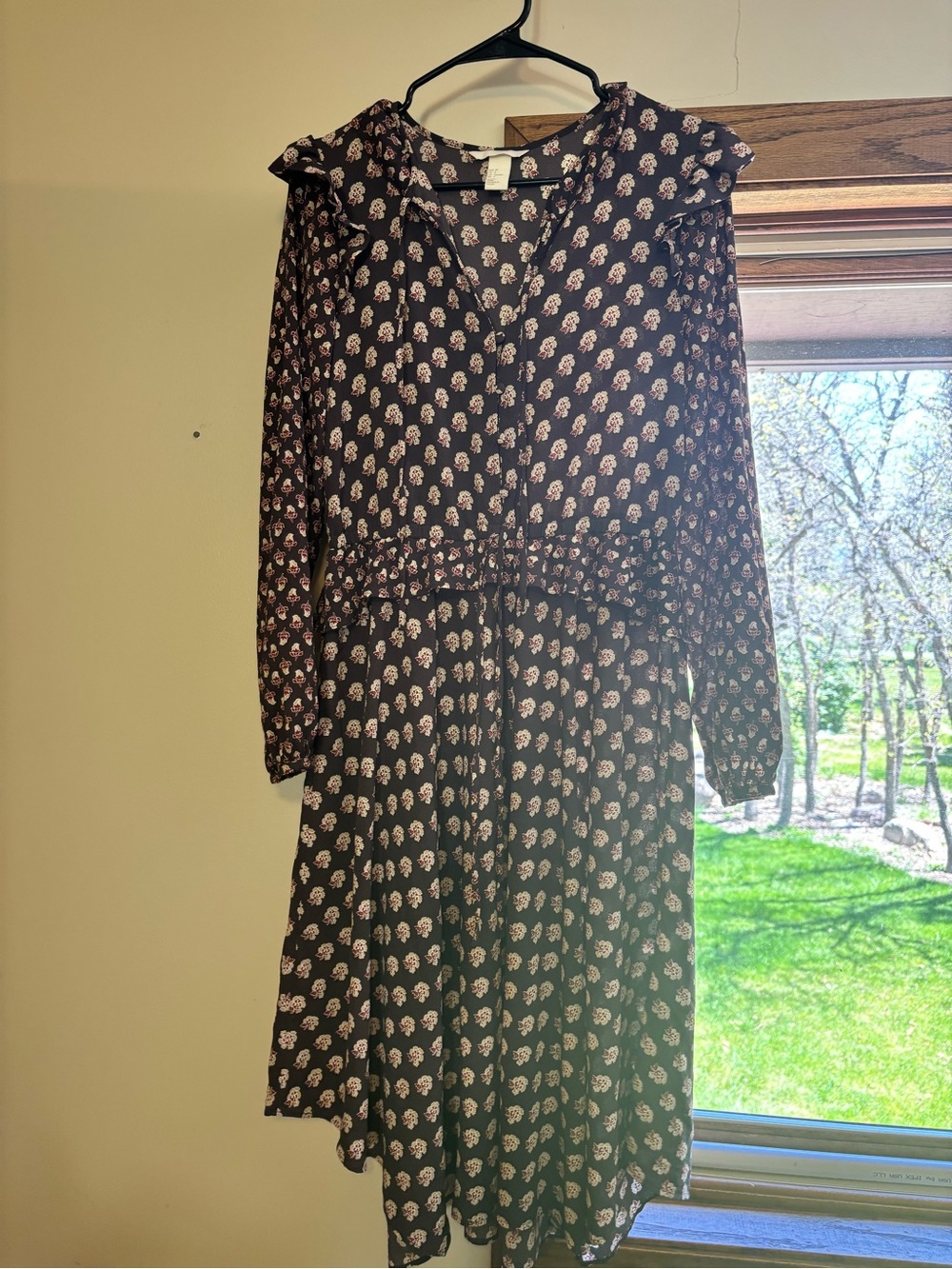 H&M Black Long-Sleeve Floral Midi Dress with Pink Print